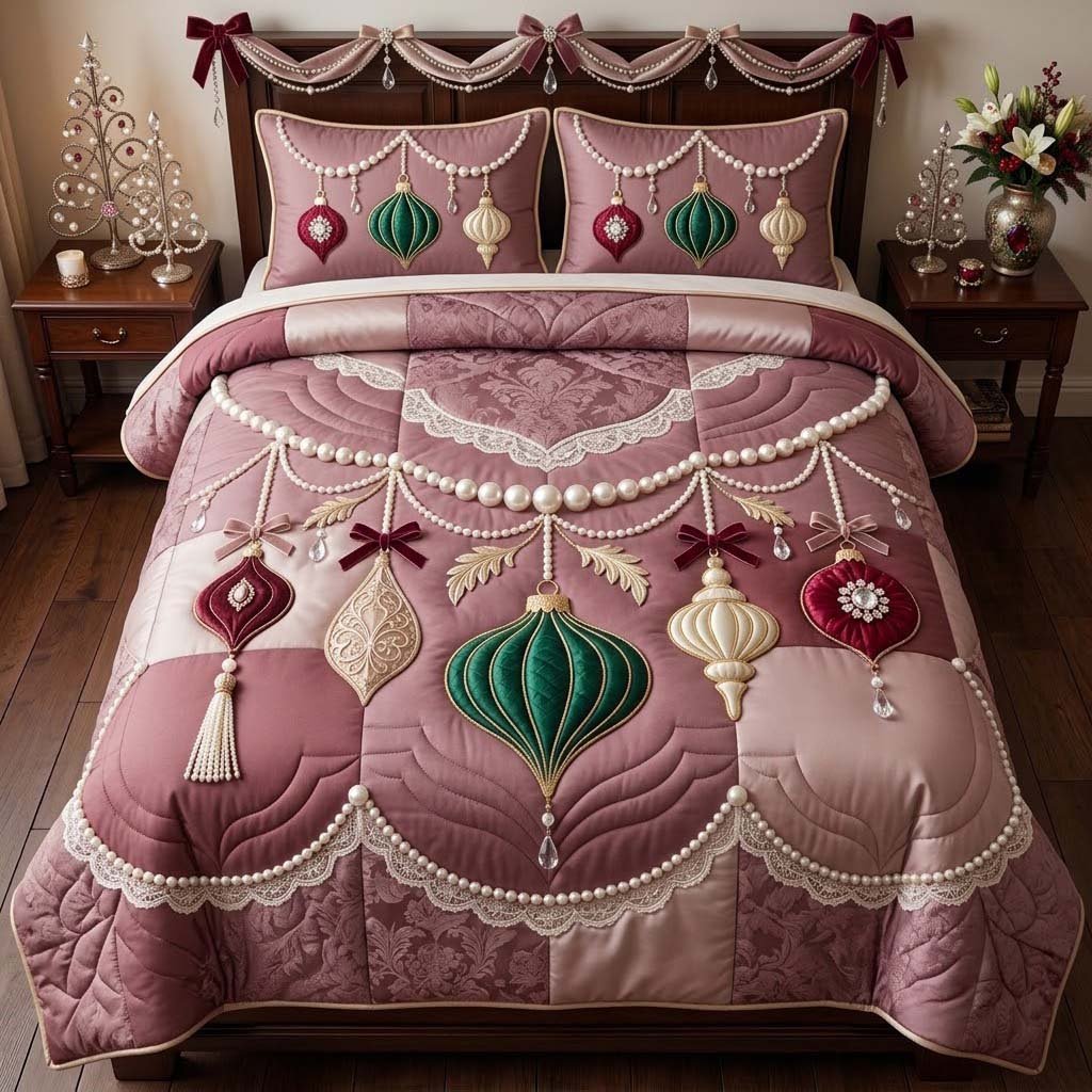 Pearl Lace Ornament Garland 3 Piece Quilted Bedding Set Gift For Holiday Decor Lovers