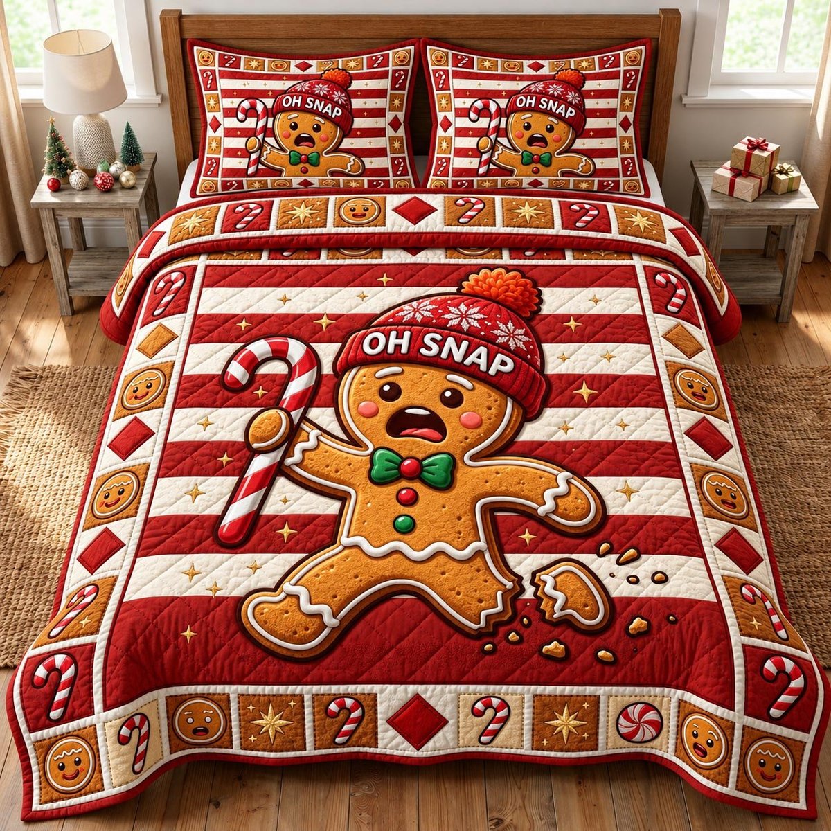 Gingerbread Man 3 Piece Quilted Bedding Set Christmas Gift For Holiday Decor Lovers