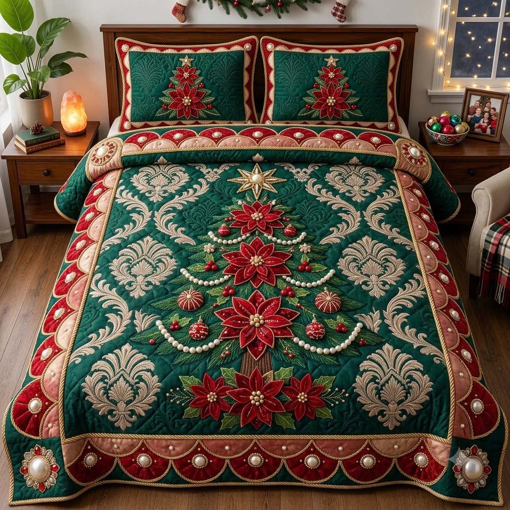 Emerald Poinsettia Jewel Tree 3 Piece Quilted Bedding Set Gift For Holiday Decor Lovers