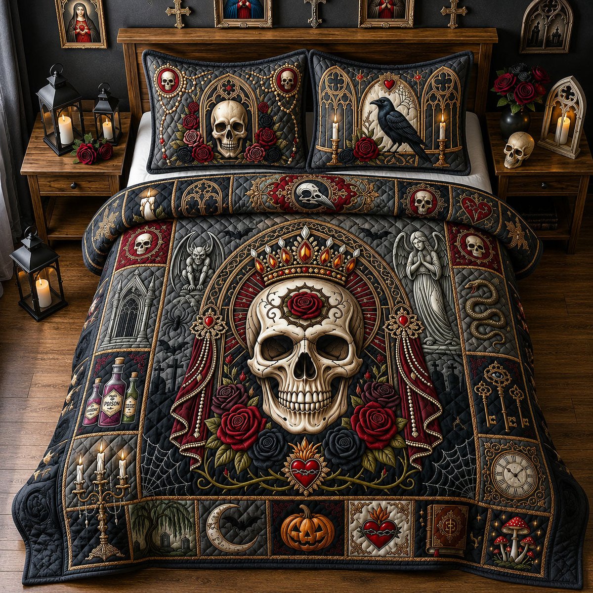 Jeweled Skull 3 Piece Quilted Bedding Set Gift For Gothic Decor Lovers