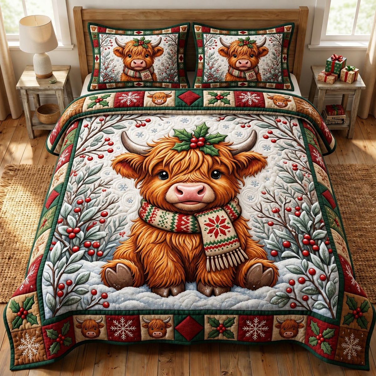Highland Cow 3 Piece Quilted Bedding Set Christmas Gift For Cow Lovers
