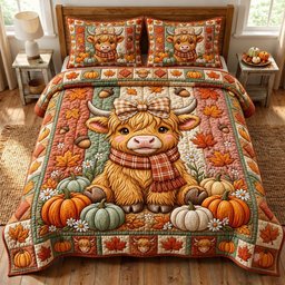 Fall Highland Cow 3 Piece Quilted Bedding Set Gift For Cow Lovers