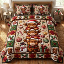 Highland Cow 3 Piece Quilted Bedding Set Christmas Gift For Cow Lovers