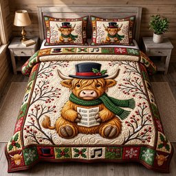 Highland Cow 3 Piece Quilted Bedding Set Christmas Gift For Cow Lovers