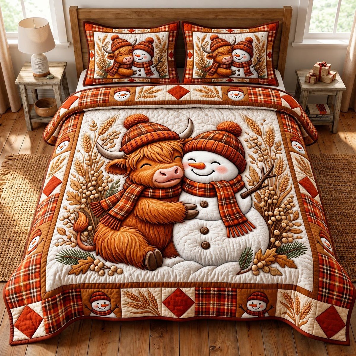 Highland Cow 3 Piece Quilted Bedding Set Christmas Gift For Cow Lovers