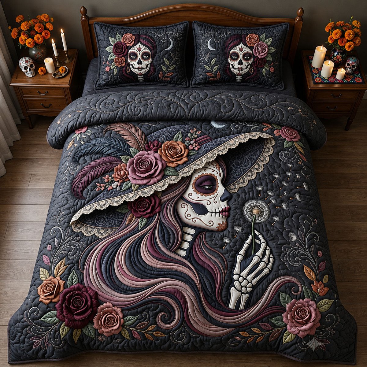 La Catrina Blowing Wishes Dandelion 3 Piece Quilted Bedding Set Gift For Gothic Decor Lovers