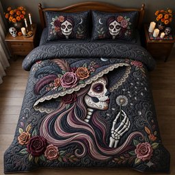 La Catrina Blowing Wishes Dandelion 3 Piece Quilted Bedding Set Gift For Gothic Decor Lovers