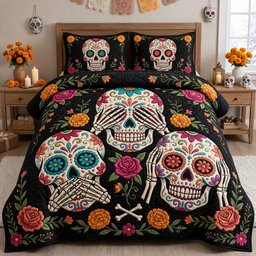Sugar Skull 3 Piece Quilted Bedding Set Gift For Gothic Decor Lovers