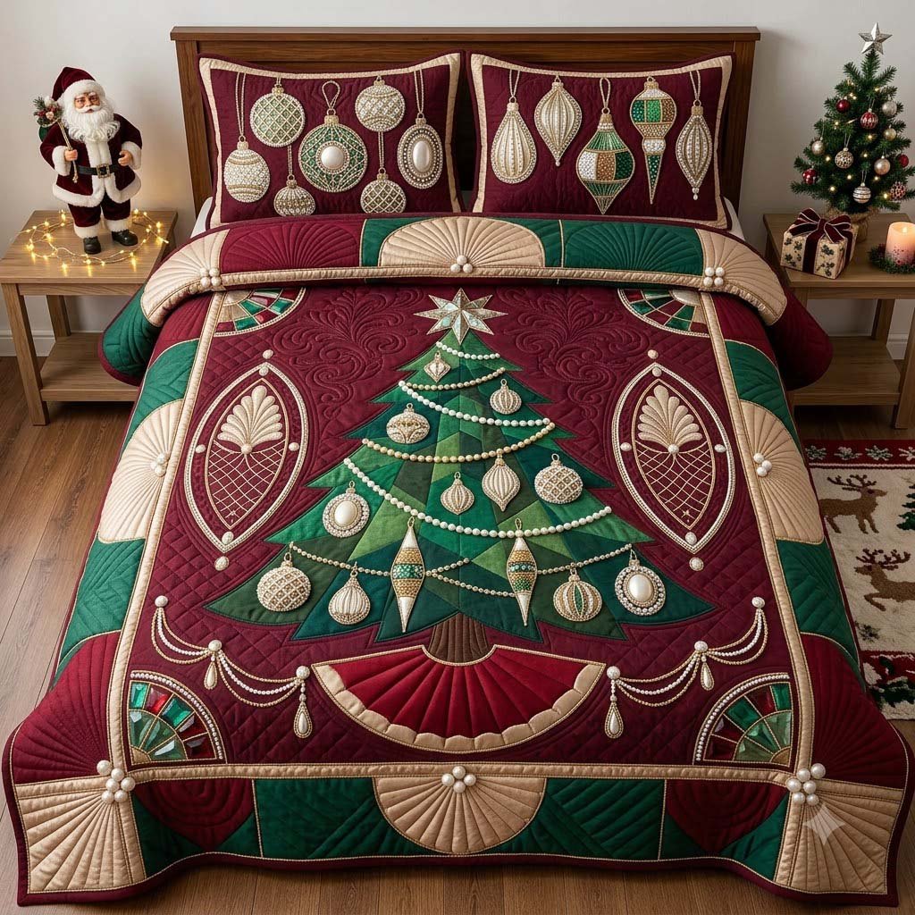 Burgundy Heirloom Bauble Tree 3 Piece Quilted Bedding Set Gift For Holiday Decor Lovers