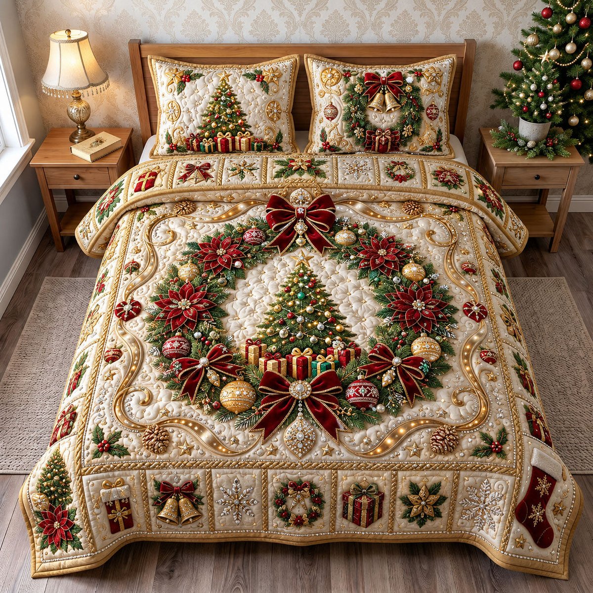 Jeweled Glam Wreath 3 Piece Quilted Bedding Set Gift For Holiday Decor Lovers