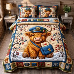 Highland Cow 3 Piece Quilted Bedding Set Christmas Gift For Cow Lovers