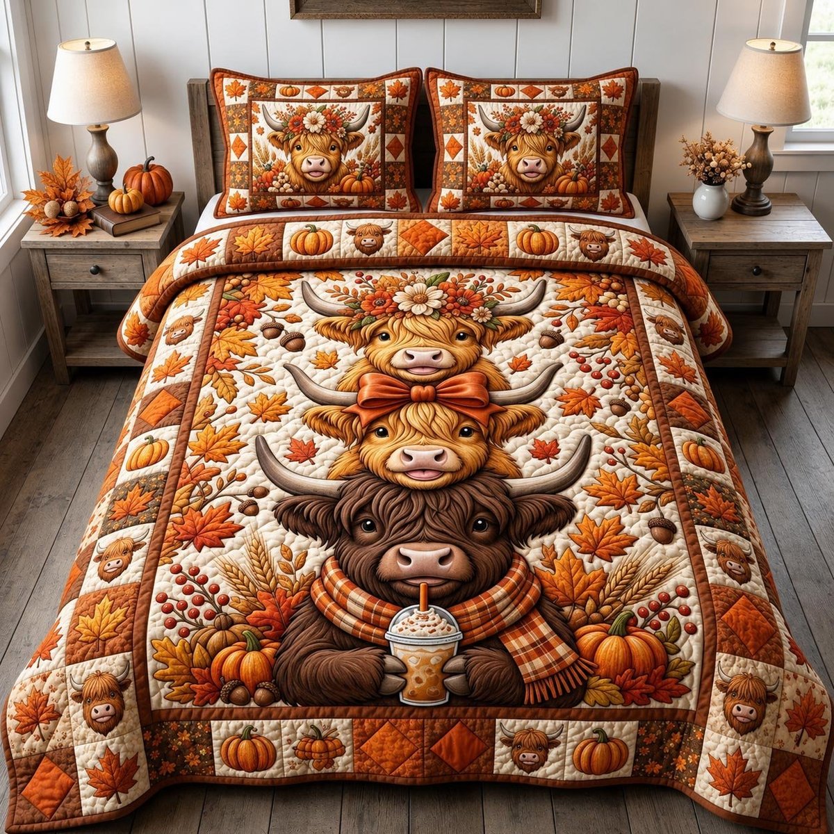 Fall Highland Cow 3 Piece Quilted Bedding Set Gift For Cow Lovers