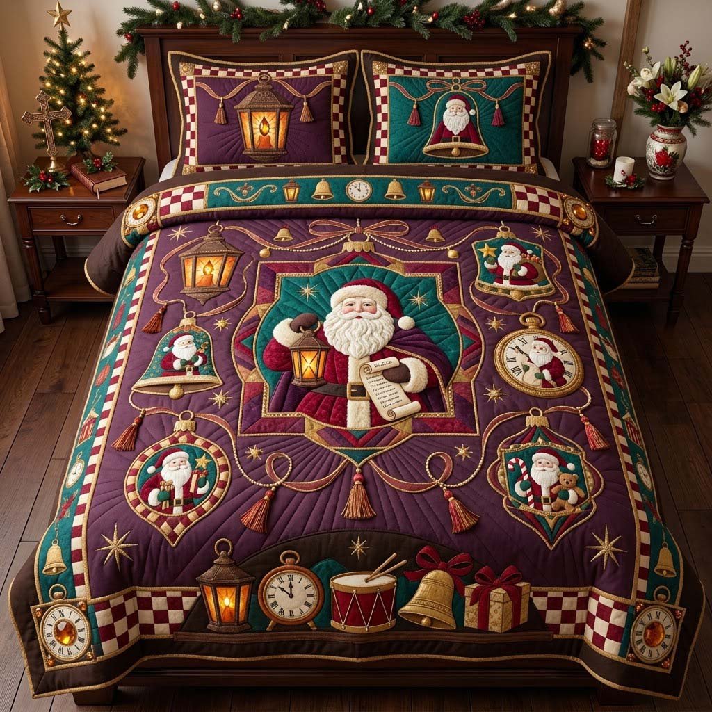 Victorian Santa Ornament Gallery 3 Piece Quilted Bedding Set Christmas Gift For Holiday Decor Lovers
