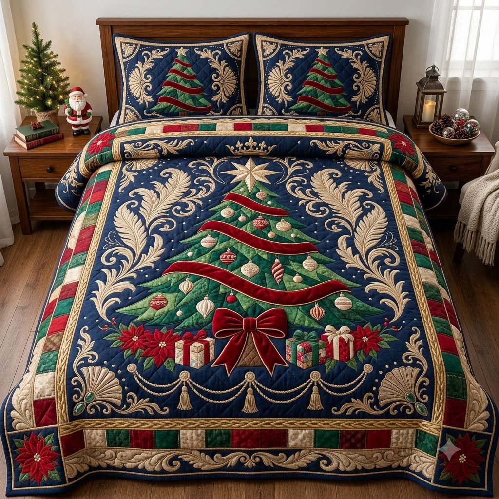 Royal Ruby Ribbon Tree 3 Piece Quilted Bedding Set Gift For Holiday Decor Lovers