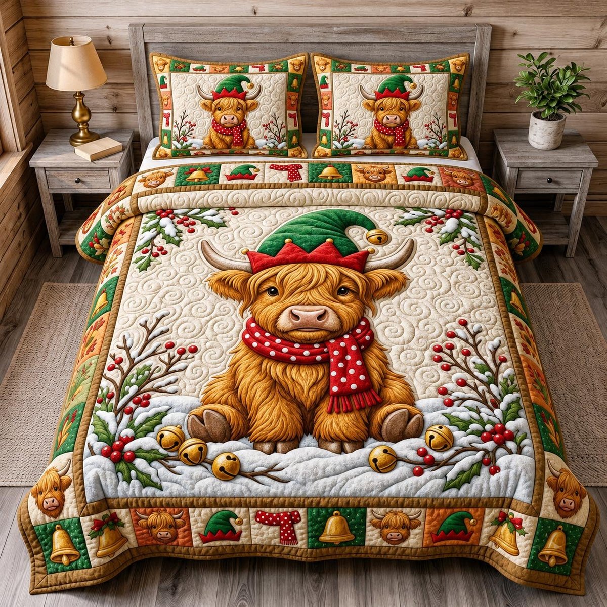 Highland Cow 3 Piece Quilted Bedding Set Christmas Gift For Cow Lovers