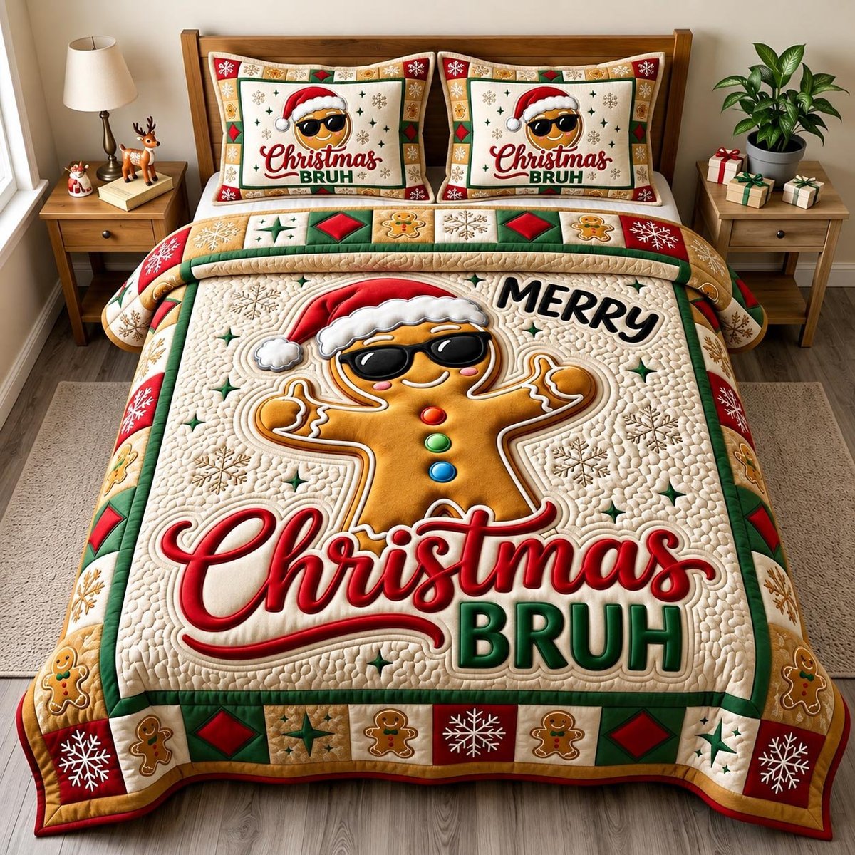 Gingerbread Man 3 Piece Quilted Bedding Set Christmas Gift For Holiday Decor Lovers