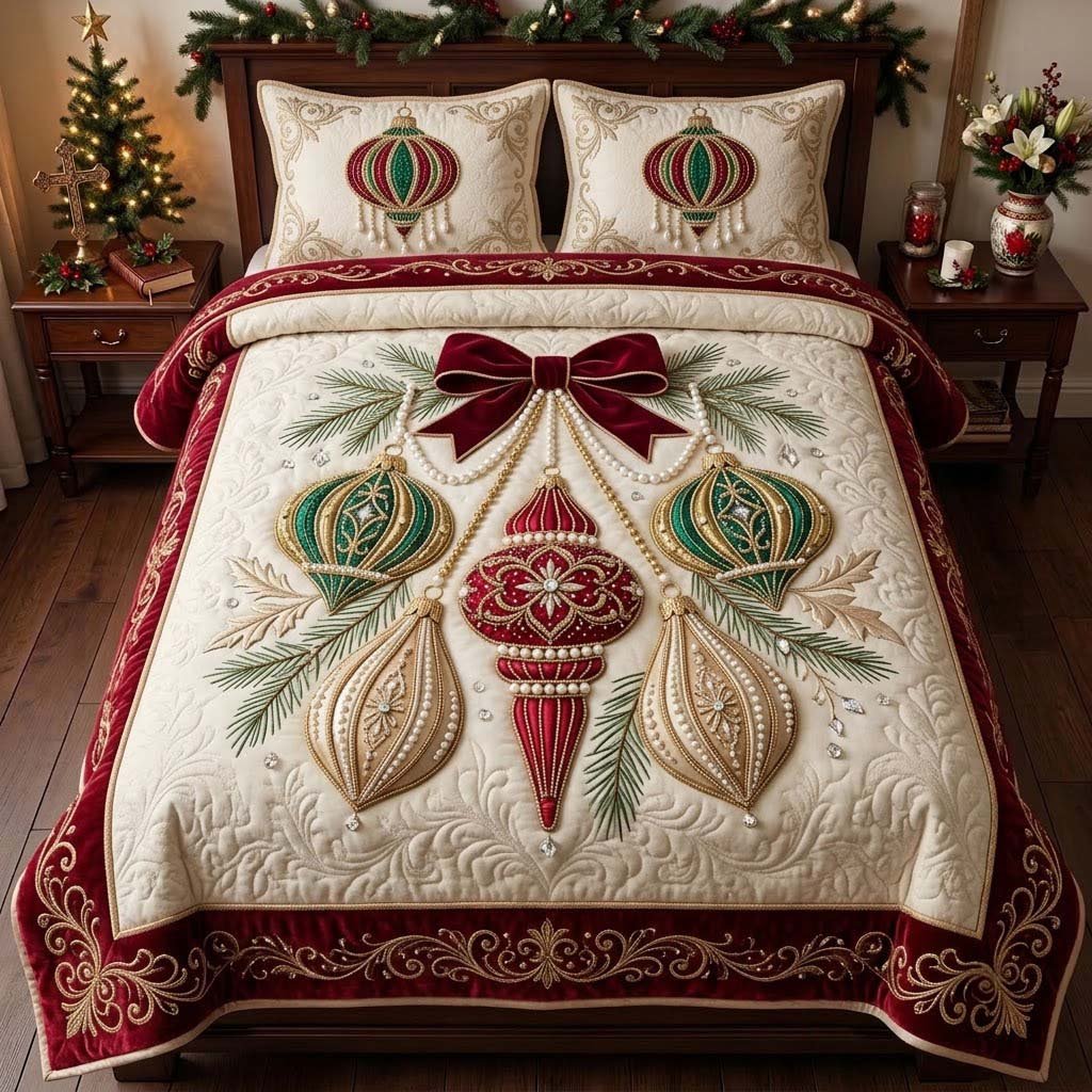 Grand Victorian Ornament Cascade 3 Piece Quilted Bedding Set Gift For Holiday Decor Lovers