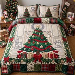 Jeweled Ribbon Fireplace Tree 3 Piece Quilted Bedding Set Gift For Holiday Decor Lovers