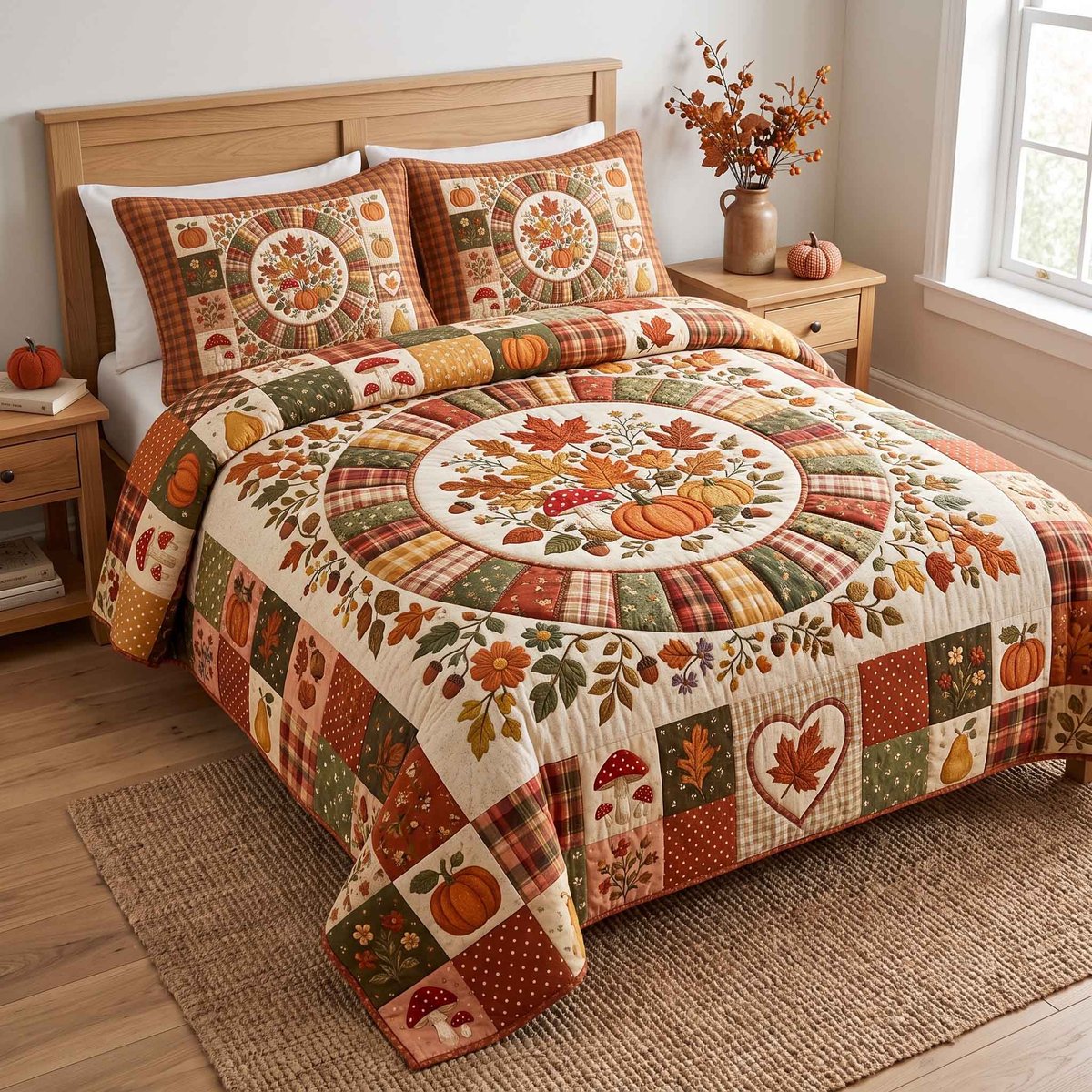 Patchwork Autumn Bliss 3 Piece Quilted Bedding Set Gift For Home Decor Lovers