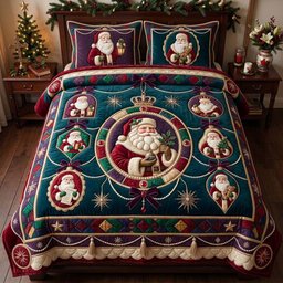 Midnight Jewel Santa Ornament 3 Piece Quilted Bedding Set Christmas Gift For Holiday Decor Lovers