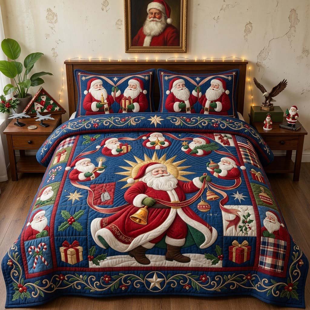 Dancing Santa Ornaments 3 Piece Quilted Bedding Set Christmas Gift For Holiday Decor Lovers