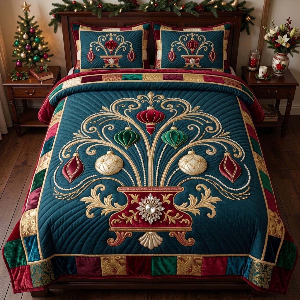 Baroque Ornament Fountain 3 Piece Quilted Bedding Set Gift For Holiday Decor Lovers