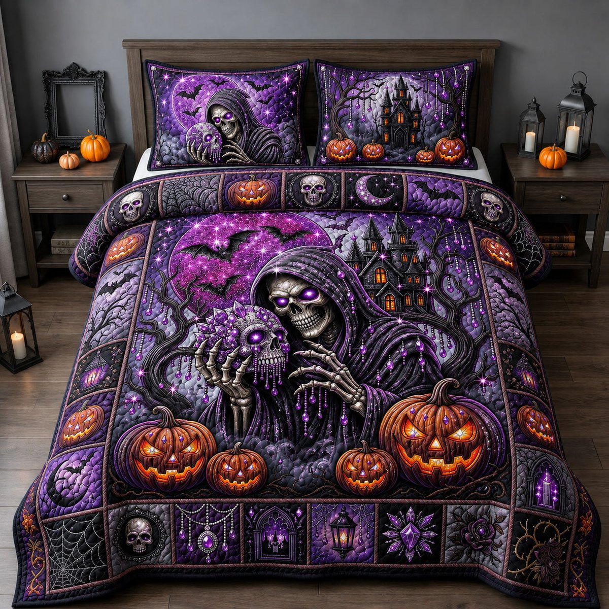 Purple Jeweled Skull 3 Piece Quilted Bedding Set Gift For Gothic Decor Lovers