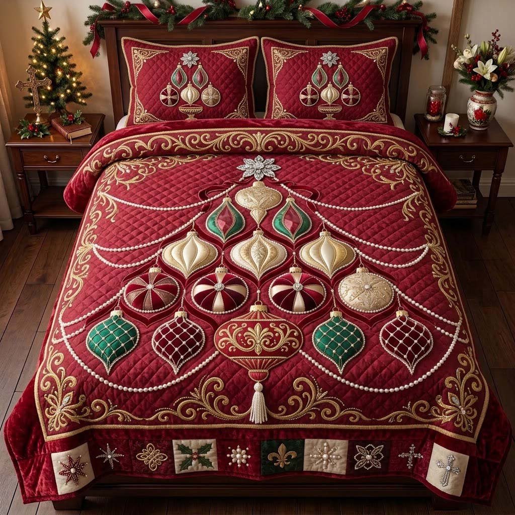 Heirloom Ornament Jewel Tree 3 Piece Quilted Bedding Set Gift For Holiday Decor Lovers
