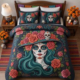 La Catrina Girl Skull 3 Piece Quilted Bedding Set Gift For Gothic Decor Lovers