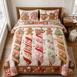 Gingerbread Candy Twist 3 Piece Quilted Bedding Set Christmas Gift For Holiday Decor Lovers