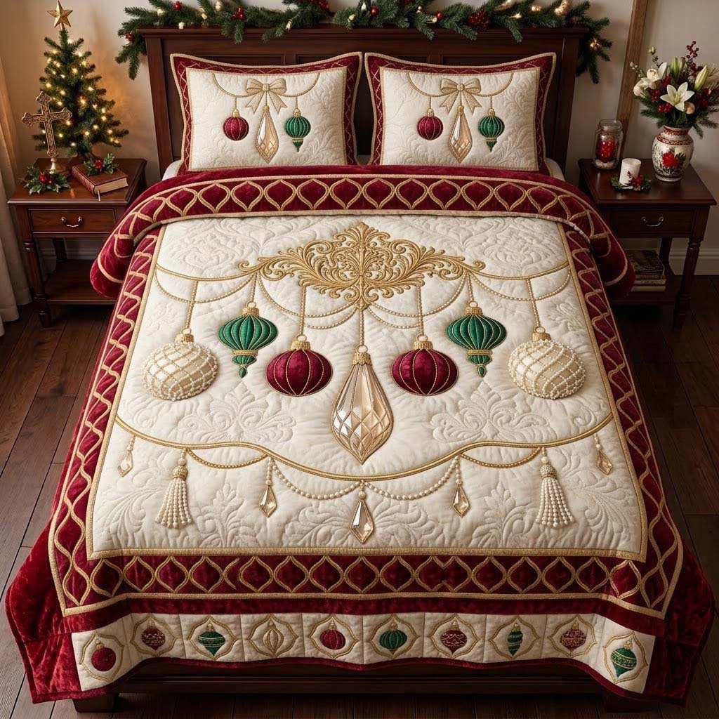 Champagne Ornament Chandelier 3 Piece Quilted Bedding Set Gift For Holiday Decor Lovers