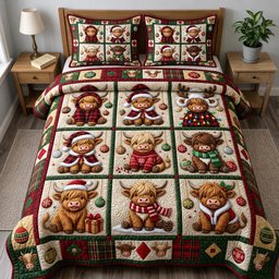 Highland Cow 3 Piece Quilted Bedding Set Christmas Gift For Cow Lovers