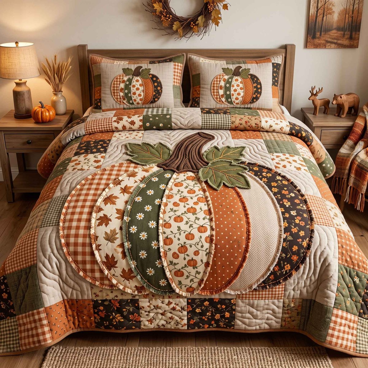 Patchwork Pumpkin Patch 3 Piece Quilted Bedding Set Gift For Home Decor Lovers