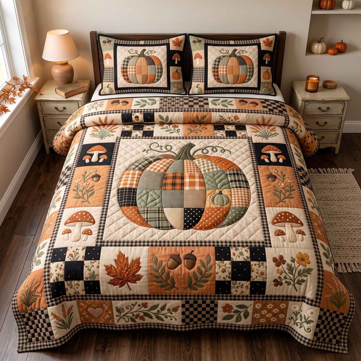 Patchwork Autumn Bliss 3 Piece Quilted Bedding Set Gift For Home Decor Lovers