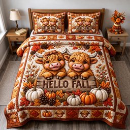 Fall Highland Cow 3 Piece Quilted Bedding Set Gift For Cow Lovers
