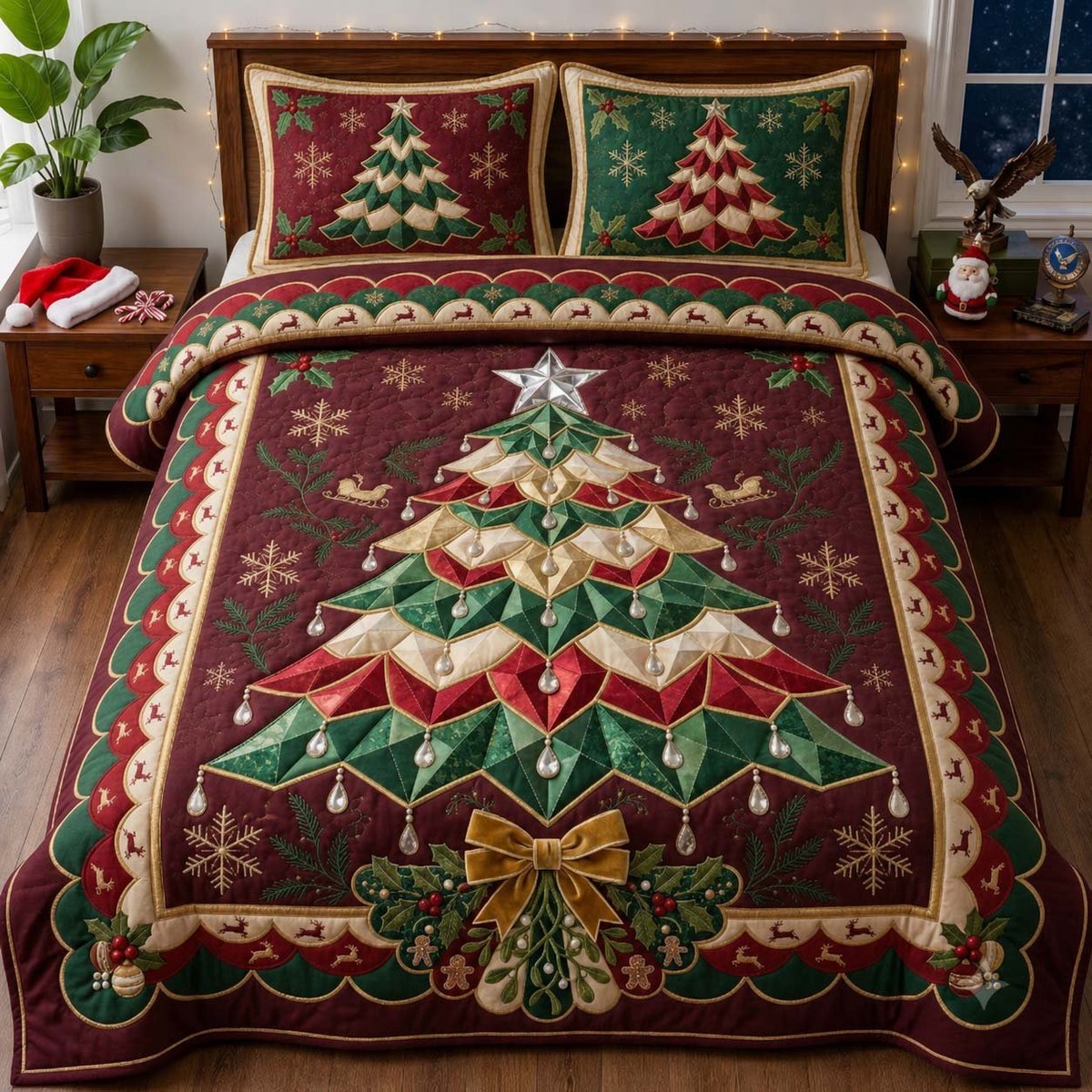 Ruby Poinsettia Tree 3 Piece Quilted Bedding Set Christmas Gift For Holiday Decor Lovers