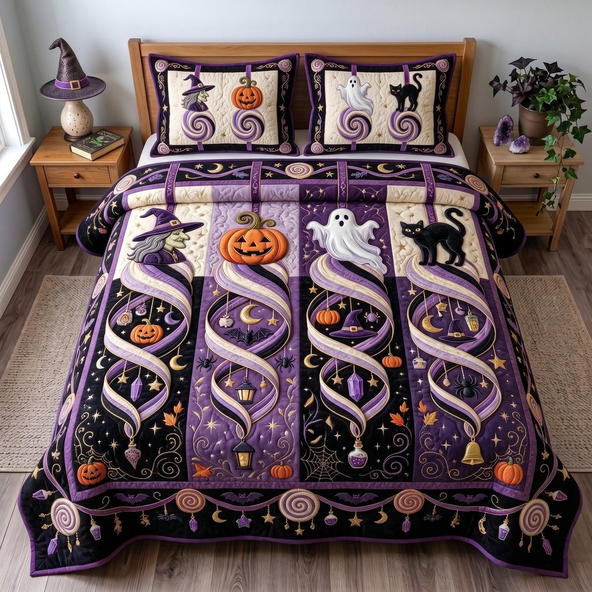 Ghost Whimsy 3 Piece Quilted Bedding Set Halloween Gift For Gothic Decor Lovers