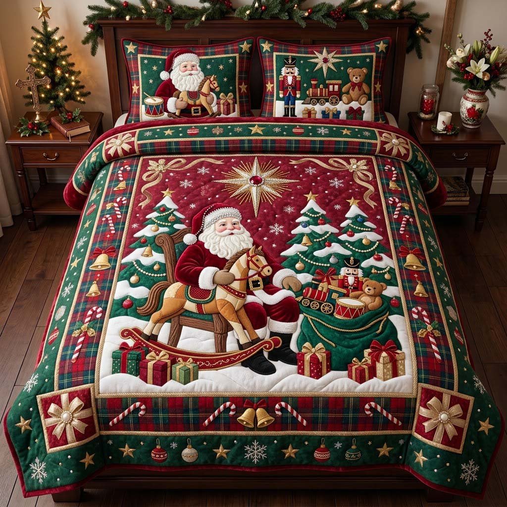 Toy Workshop 3 Piece Quilted Bedding Set Christmas Gift For Holiday Decor Lovers