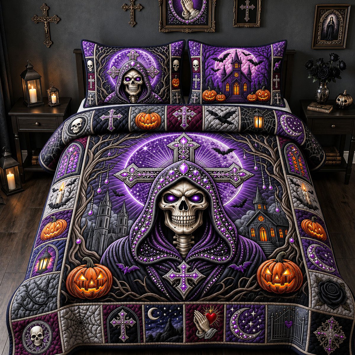 Purple Jeweled Skull 3 Piece Quilted Bedding Set Gift For Gothic Decor Lovers