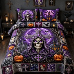 Purple Jeweled Skull 3 Piece Quilted Bedding Set Gift For Gothic Decor Lovers