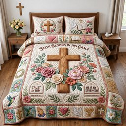 Faith Blooms in His Grace 3 Piece Quilted Bedding Set Gift For Christians