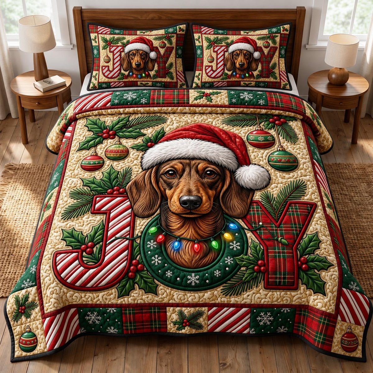 Dachshund Dog 3 Piece Quilted Bedding Set Christmas Gift For Dog Lovers