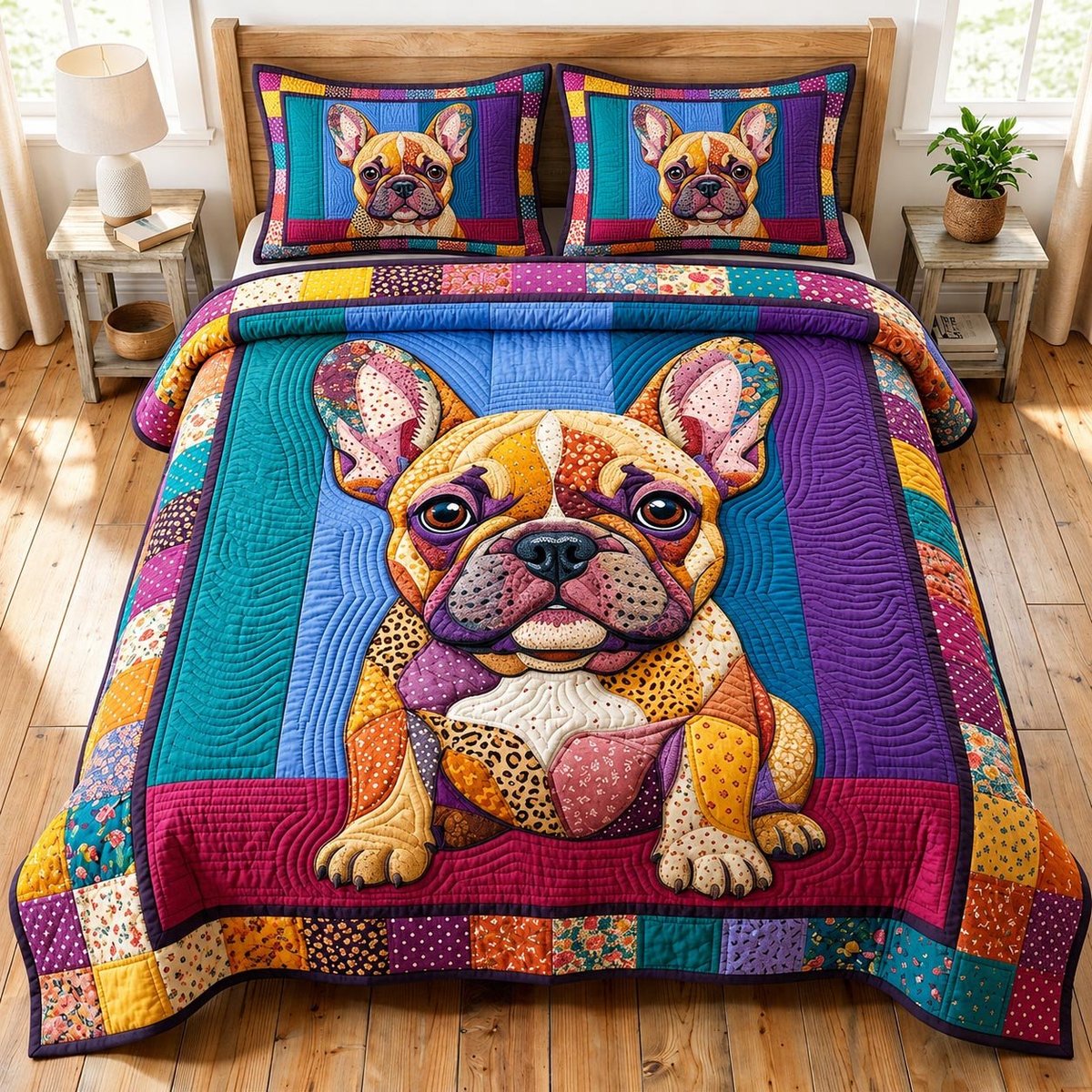 French Bulldog 3 Piece Quilted Bedding Set Gift For Dog Lovers