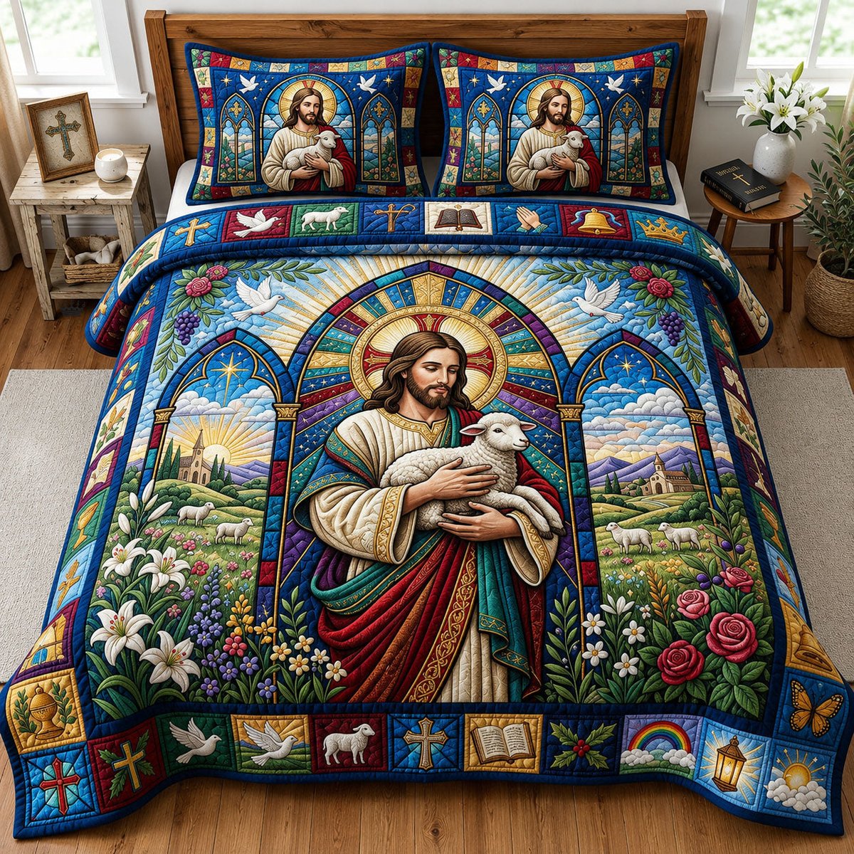 Christ the Good Shepherd 3 Piece Quilted Bedding Set Gift For Bird Lovers