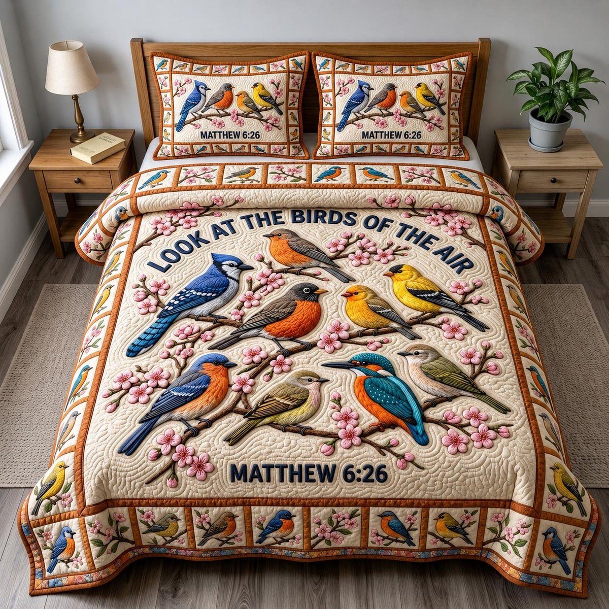 Christian Bird 3 Piece Quilted Bedding Set Gift For Bird Lovers