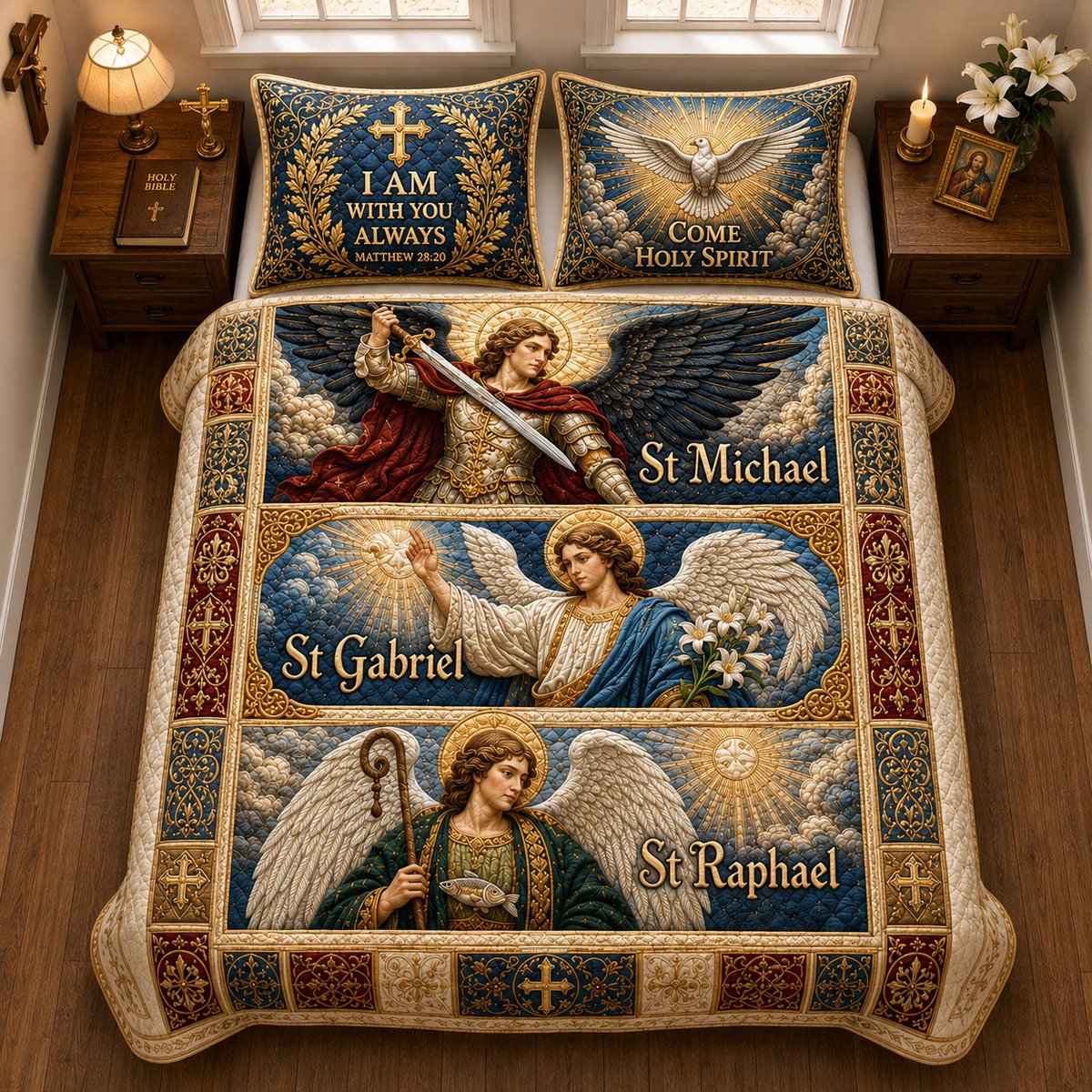 Saint Michael Gabriel and Raphael 3 Piece Quilted Bedding Set Gift For Christians