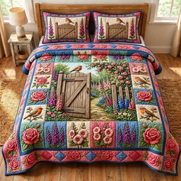 Flower Garden 3 Piece Quilted Bedding Set Gift For Flower Lovers
