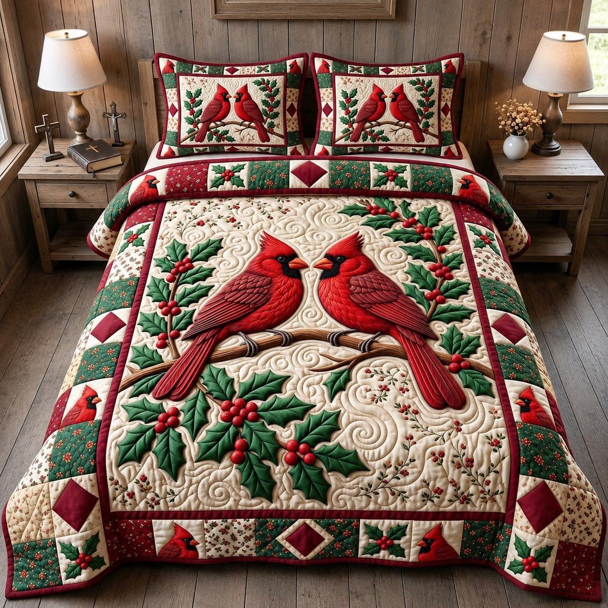 Red Cardinal 3 Piece Quilted Bedding Set Gift For Bird Lovers