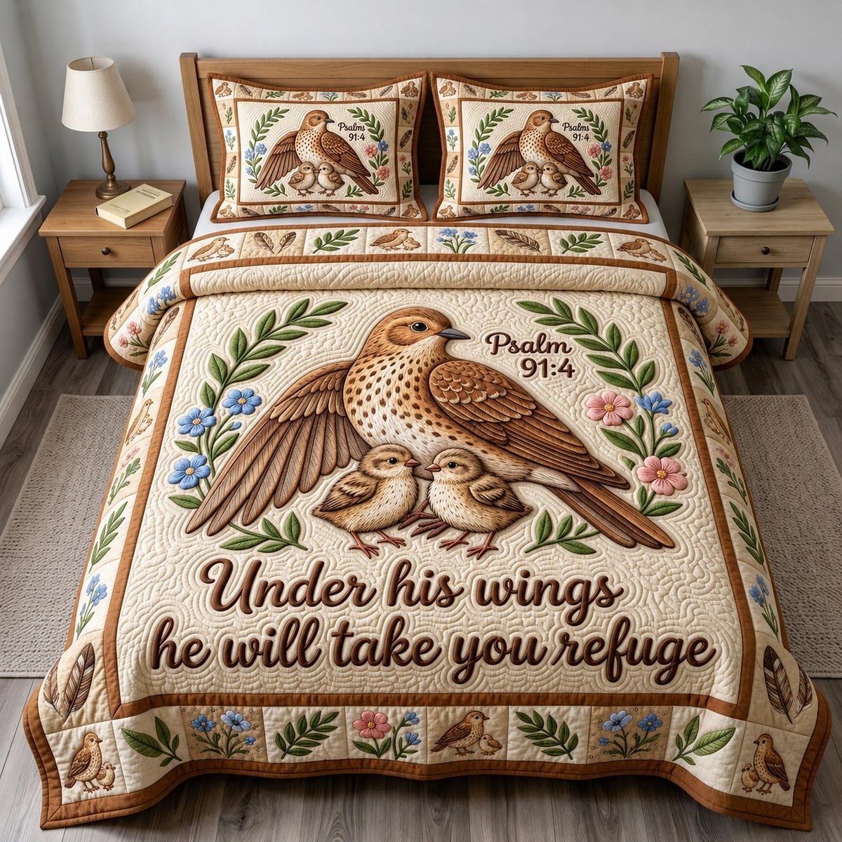 Christian Bird 3 Piece Quilted Bedding Set Gift For Bird Lovers