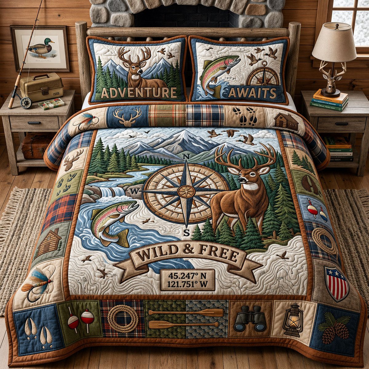 Hunting and Fishing 3 Piece Quilted Bedding Set Gift For Hunters